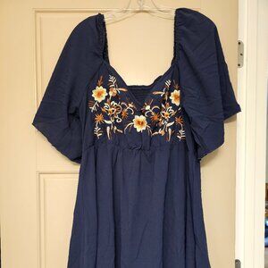 Navy Blue Floral Embroidered Butterfly Sleeve Dress - 2XL